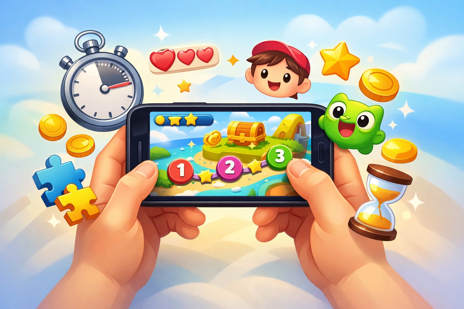 Hands holding a smartphone showing a colorful mobile game with quick gameplay elements like a stopwatch and game icons around it.