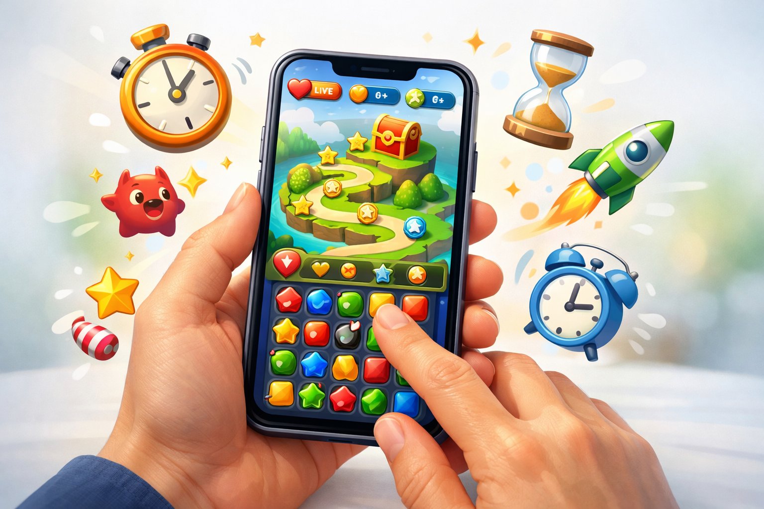 A person holding a smartphone displaying a colorful mobile game with icons representing quick and casual gameplay around it.