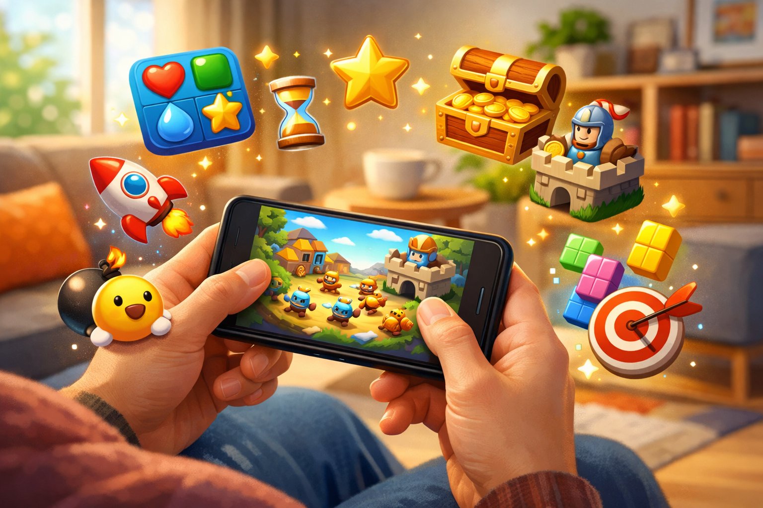 A person holding a smartphone playing mobile games with colorful game icons floating around in a cozy living room.