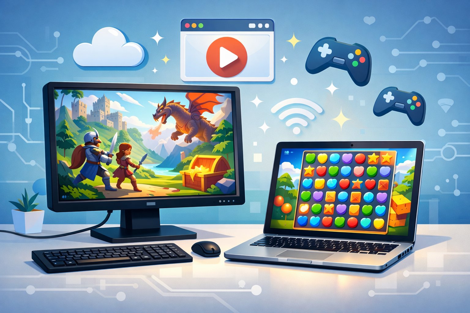 A desktop computer and laptop showing colorful browser games on their screens with floating icons representing cloud gaming and easy access, set in a modern workspace.