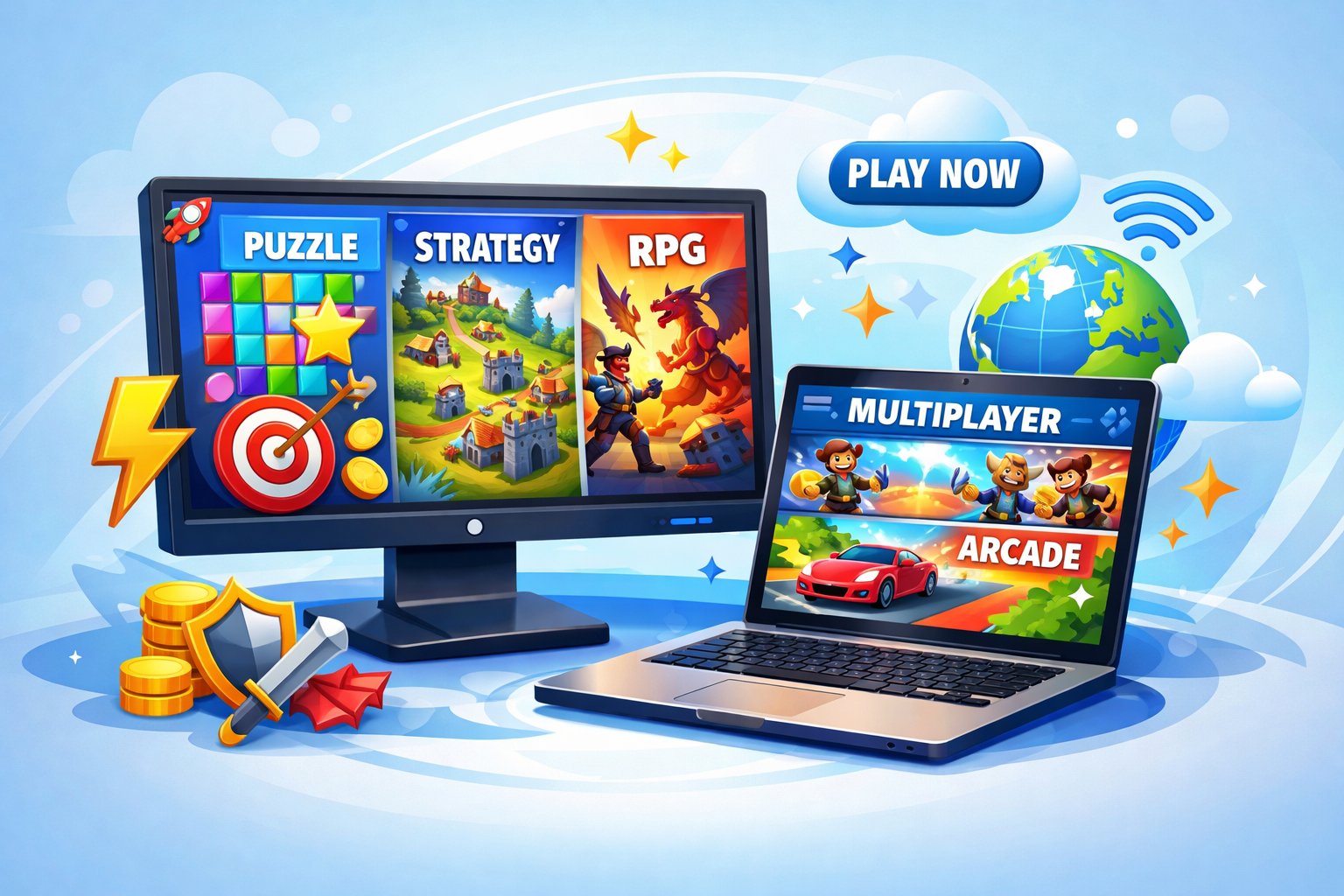 A computer monitor and laptop showing different types of browser games with icons representing instant play and online connectivity around them.