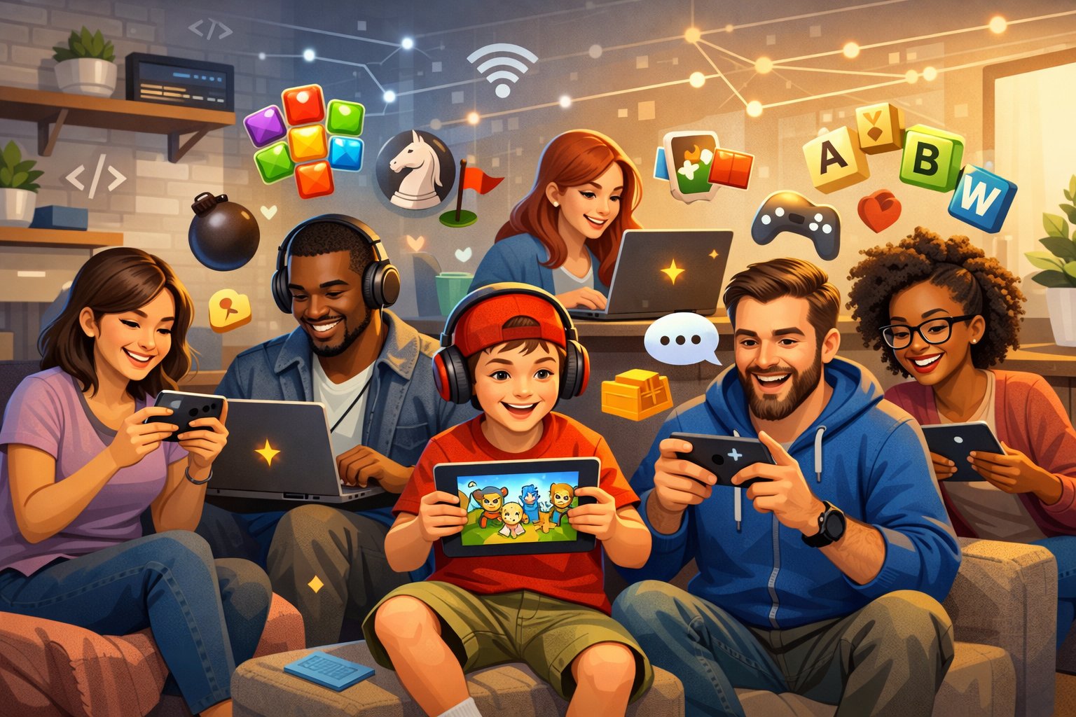 People playing browser games on laptops, tablets, and smartphones in a modern indoor setting with colorful game icons floating around.