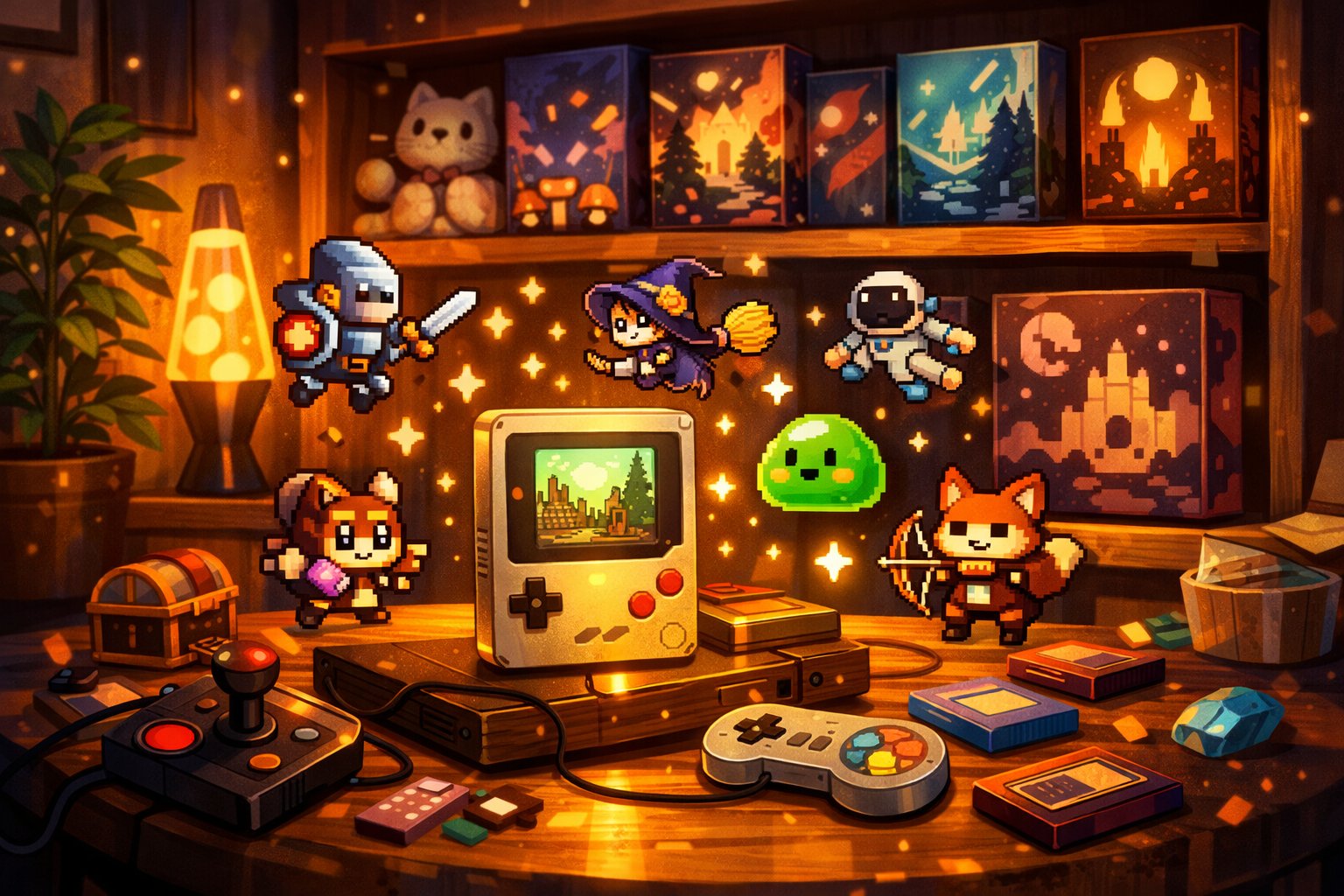 A cozy room with a glowing retro game console, pixel art characters, and shelves filled with colorful game boxes representing hidden indie games.