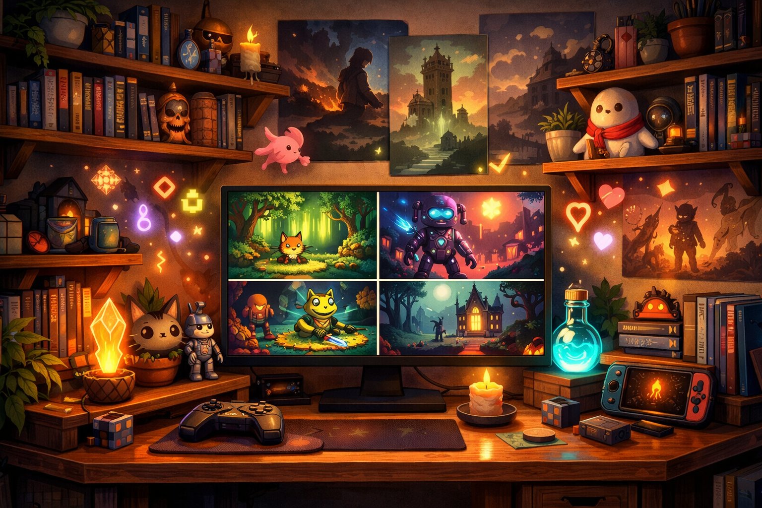 A cozy gaming nook with a desk, monitor showing colorful pixel art game scenes, shelves filled with game cartridges and collectibles, and glowing magical effects around the room.
