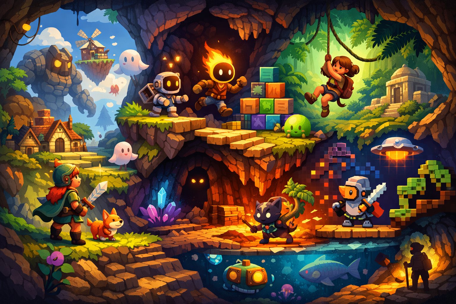A colorful scene featuring various unique characters and imaginative landscapes representing different hidden indie video games.