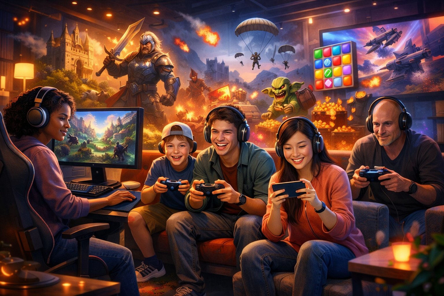 A group of diverse people playing video games on different devices in a modern gaming lounge surrounded by colorful game-themed visuals.