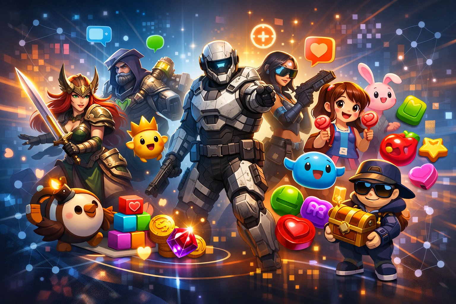 A colorful scene showing diverse game characters from different genres interacting in a digital environment with glowing icons and network patterns.