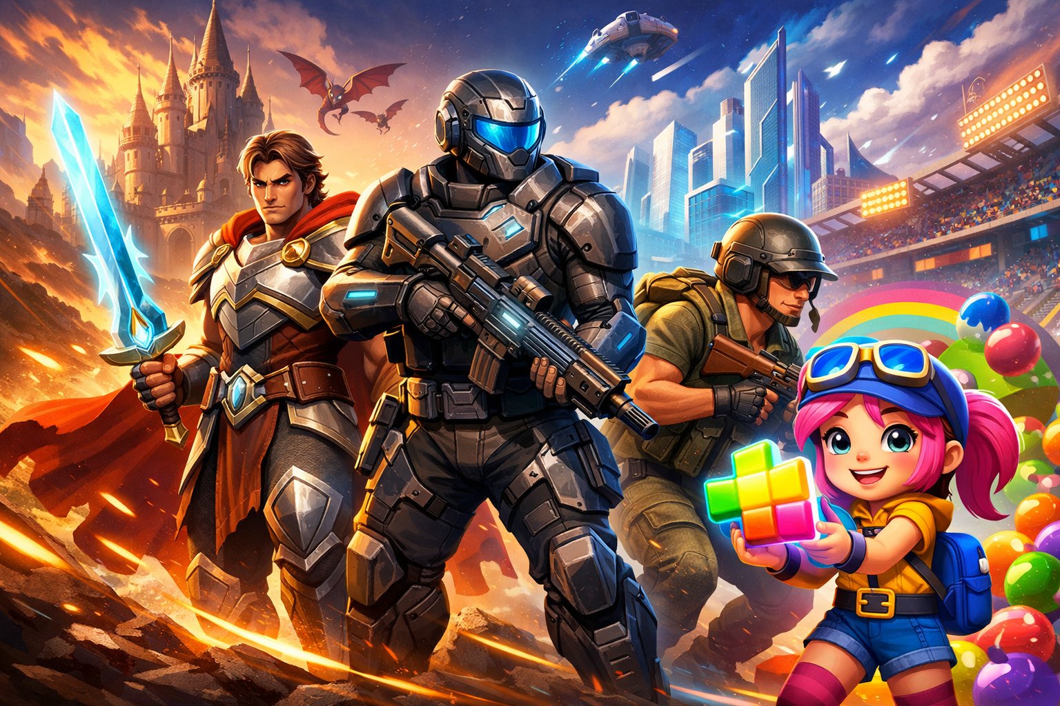 A group of diverse video game characters from different genres standing together in a vibrant digital landscape.