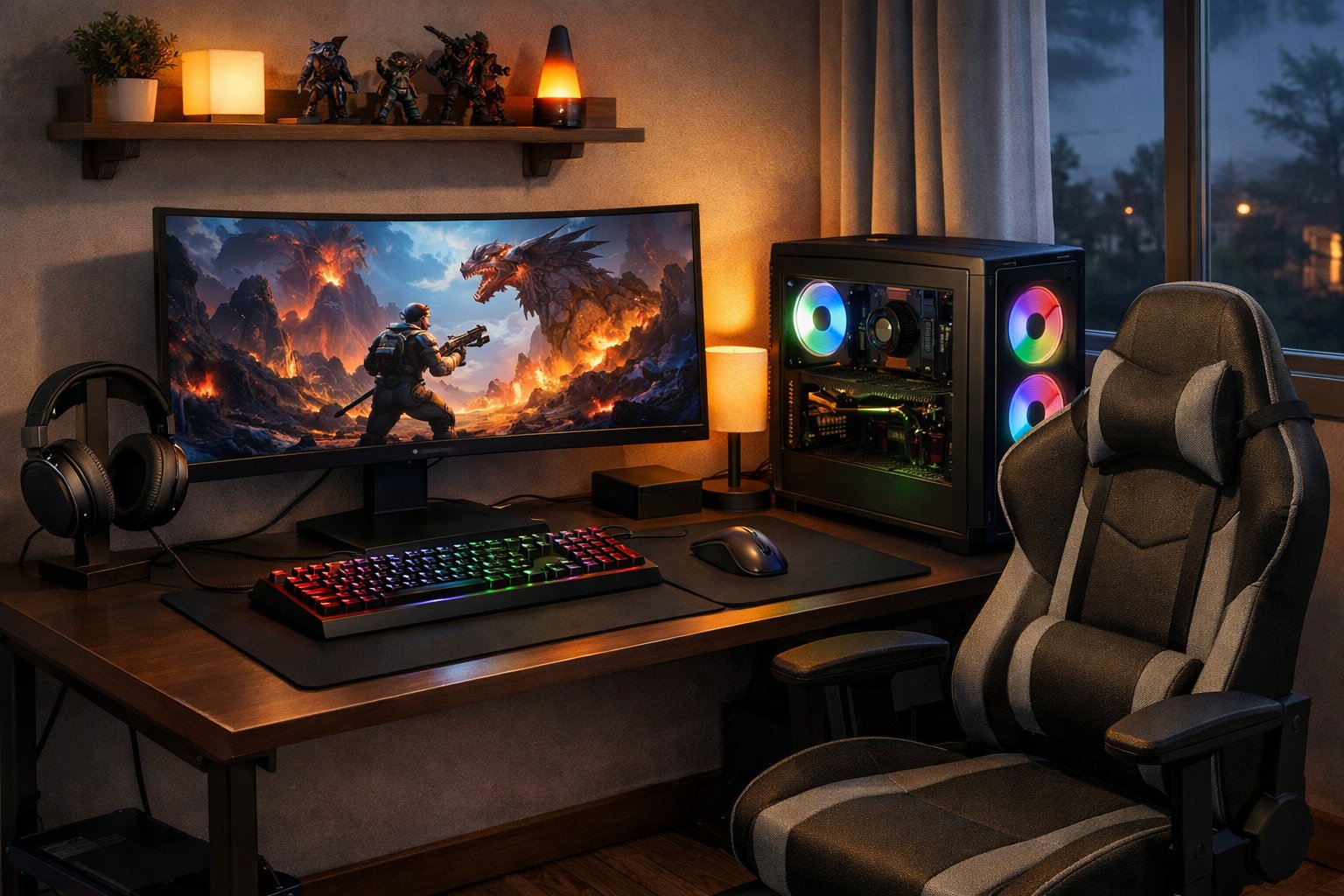 A gaming desk setup with a PC, curved monitor, keyboard, mouse, headphones, and a gaming chair in a cozy room.