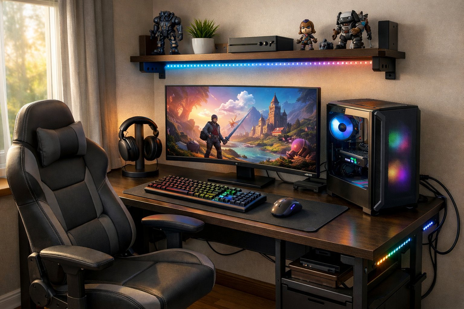 A well-organized gaming desk with a PC, curved monitor, gaming chair, keyboard, mouse, headphones, and shelves with gaming items in a cozy room.