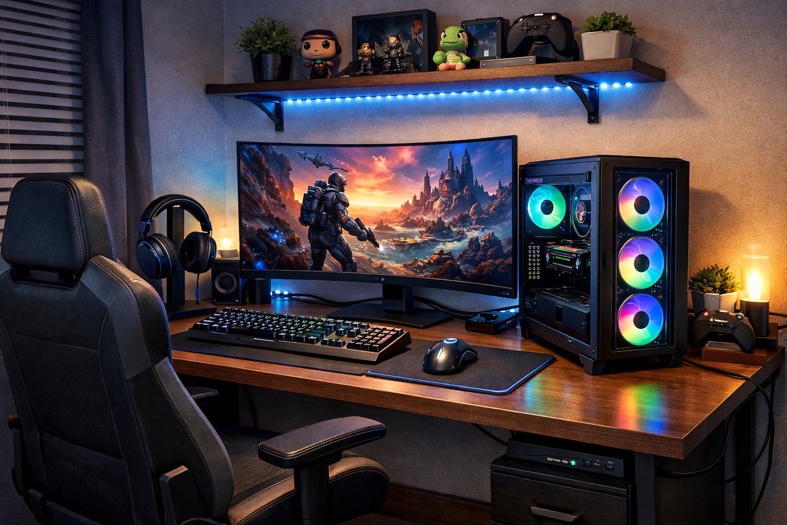 A gaming setup with a mid-range PC, curved monitor, keyboard, mouse, gaming chair, headphones, and shelves with gaming items.