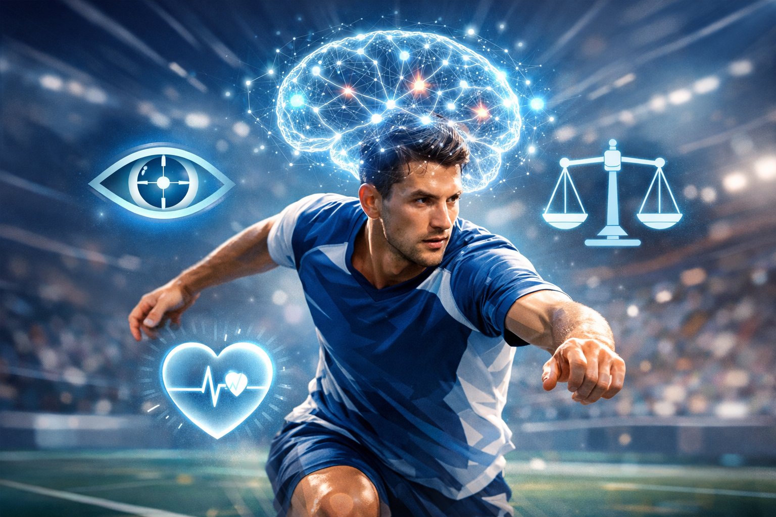 An athlete in action on a sports field with a glowing brain network above their head, surrounded by icons representing focus, balance, and calmness.