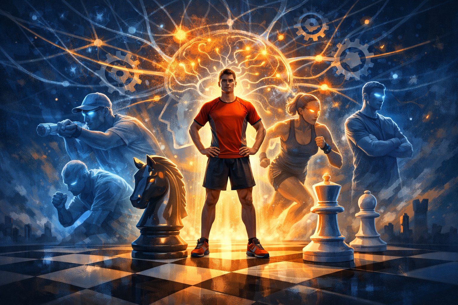 An athlete stands confidently in the center of a chessboard arena surrounded by ghostly figures symbolizing focus, determination, and resilience, with neural pathways and gears in the background representing mental processes.