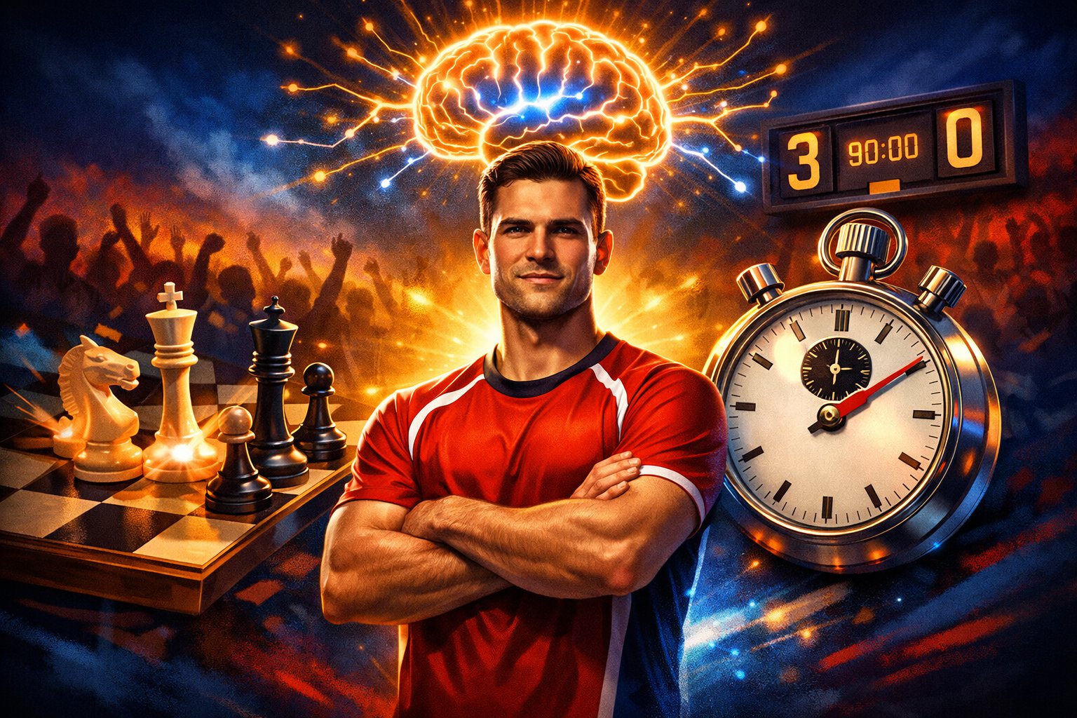 An athlete surrounded by symbols of mental strength and strategy, including a glowing brain, a chessboard, and a stopwatch, with a cheering crowd and scoreboard in the background.