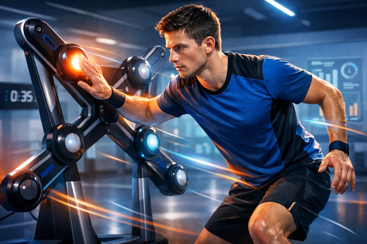 An athlete practicing reaction speed by interacting with illuminated targets in a modern training environment.