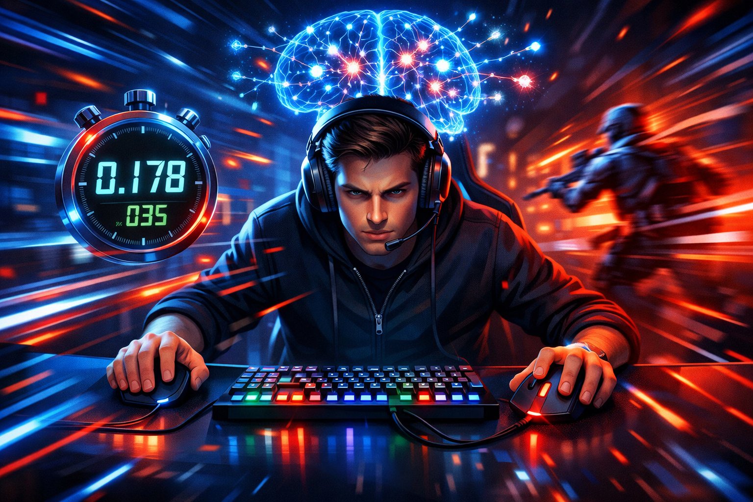A gamer concentrating at a computer with glowing lights and visual effects representing speed and quick reflexes.