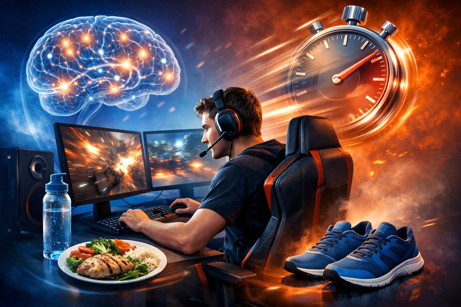 A focused gamer at a desk with dual monitors showing fast game visuals, surrounded by symbols of brain activity, a stopwatch, and healthy lifestyle items.