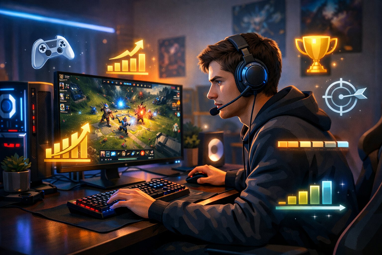 A young gamer concentrating at a gaming desk with a computer showing a competitive online game, surrounded by icons representing skill improvement and trophies.