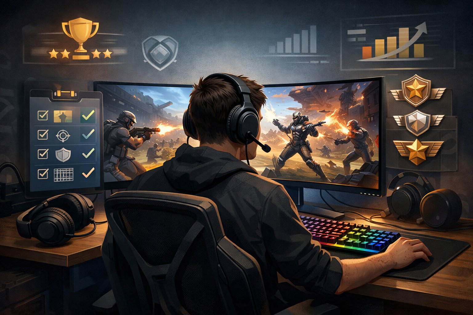 A young gamer concentrating at a desk with a curved monitor showing an intense multiplayer game, surrounded by gaming gear and icons representing strategy and skill improvement.