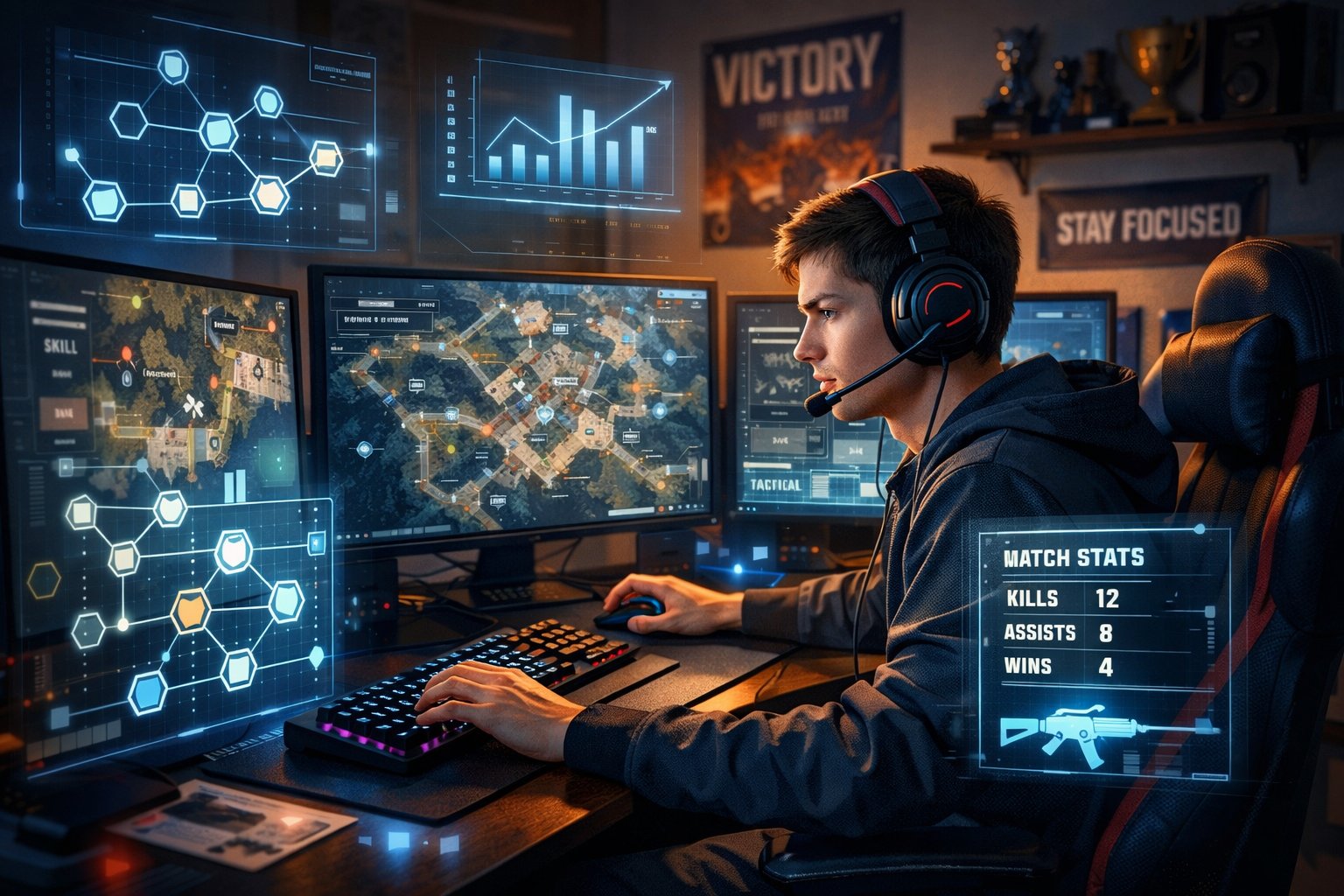 A young gamer focused at a gaming setup with multiple monitors showing game maps and tactical plans, surrounded by digital overlays of charts and statistics.