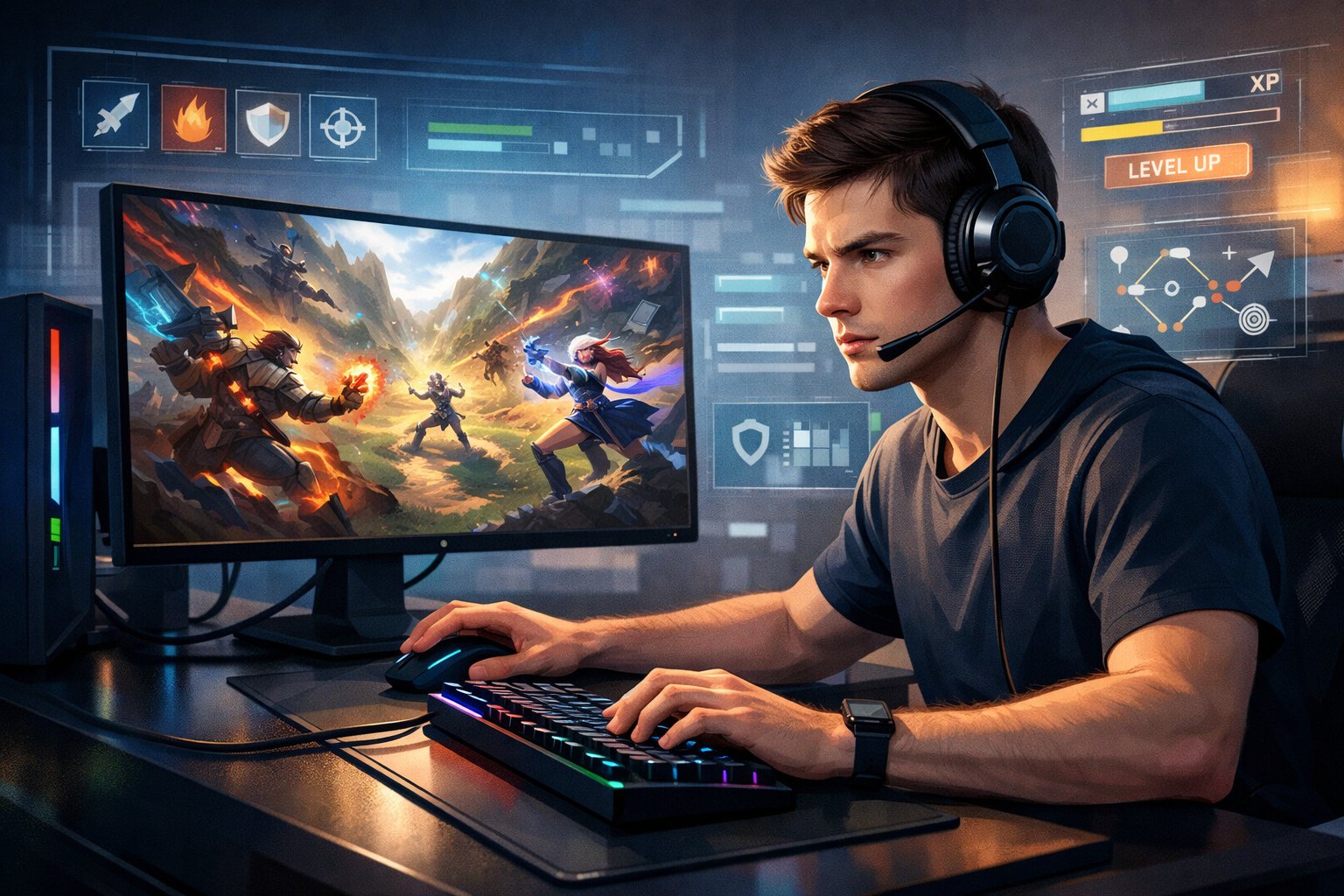 A young gamer concentrating at a computer desk playing a competitive online game with game elements and strategy icons visible on the screen.