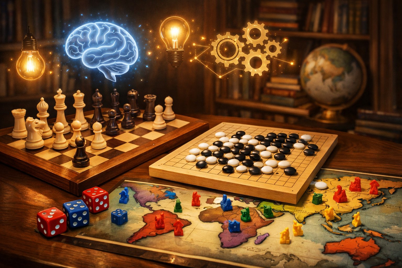 A table with classic strategy games including chess, Go, and Risk, set in a cozy room with bookshelves and symbols of thinking like gears and lightbulbs.