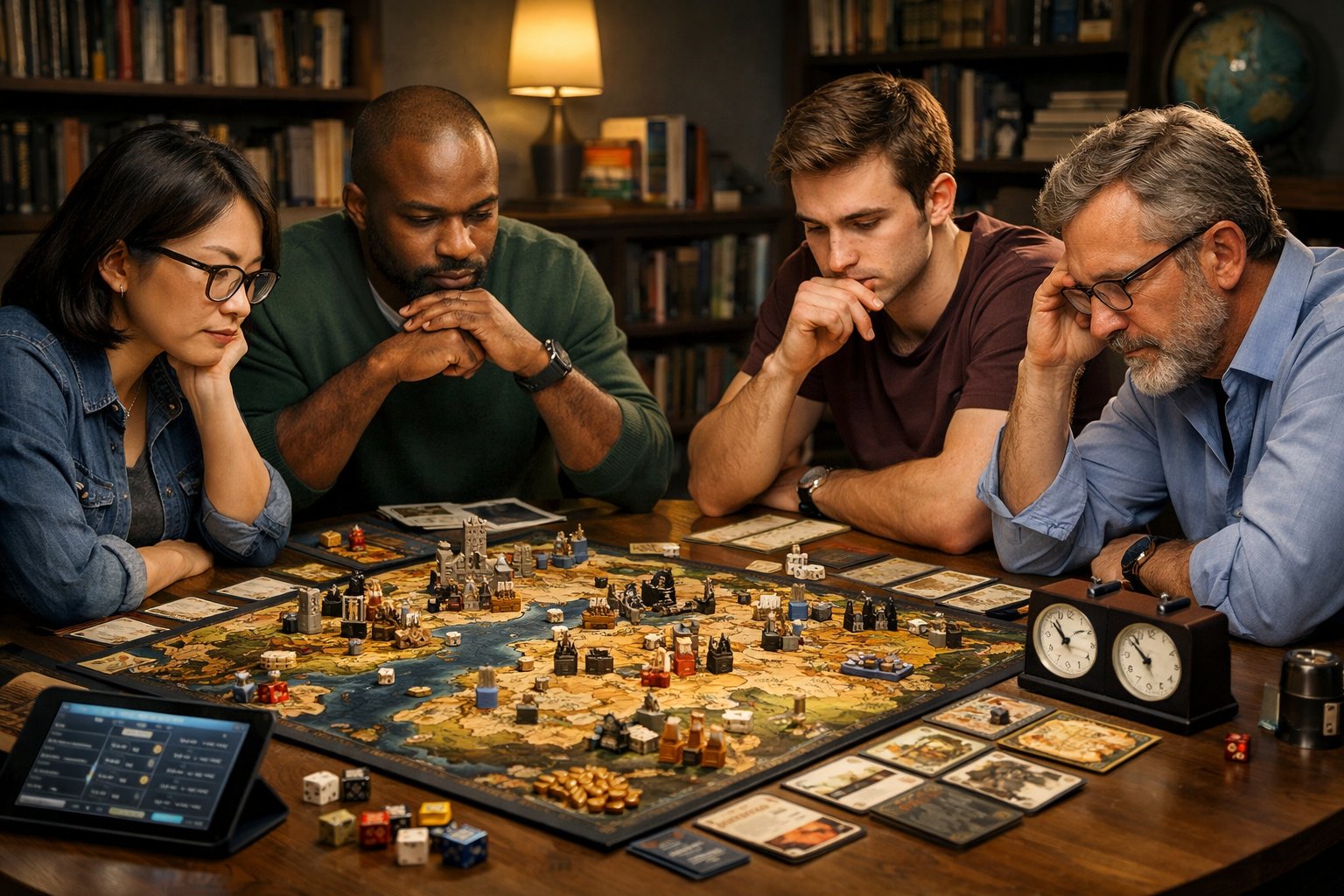 A group of people focused on playing a complex board game around a table, surrounded by books and game pieces.