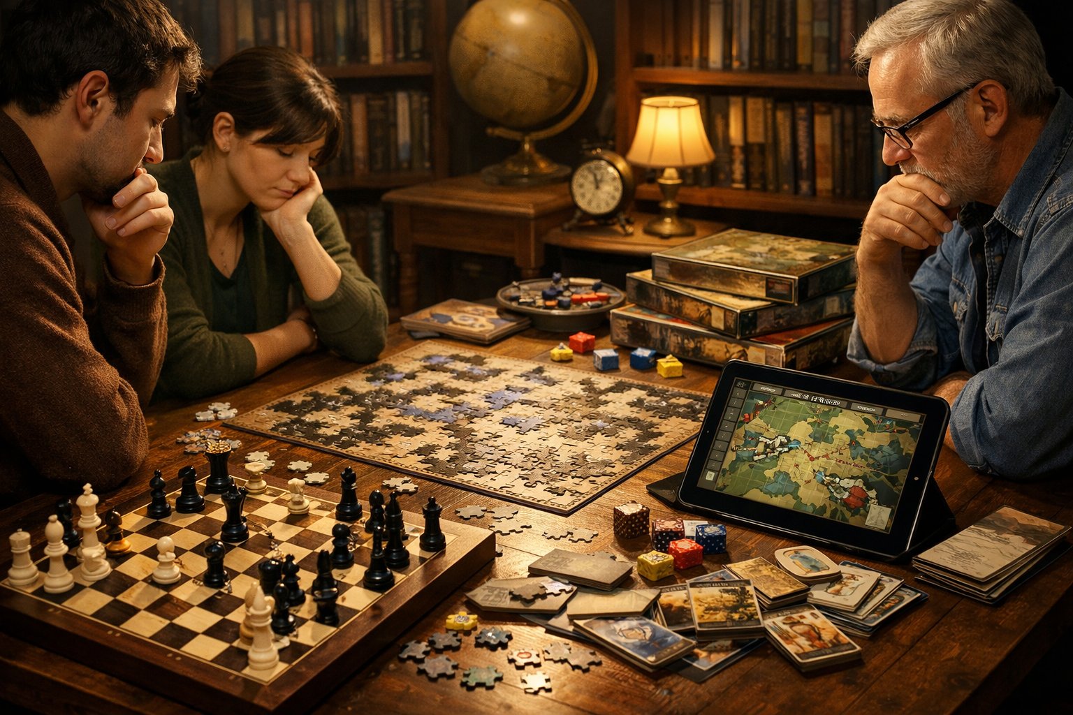A group of people concentrating around a table with chess pieces, board games, a puzzle, and a tablet showing a tactical map in a cozy room with bookshelves.