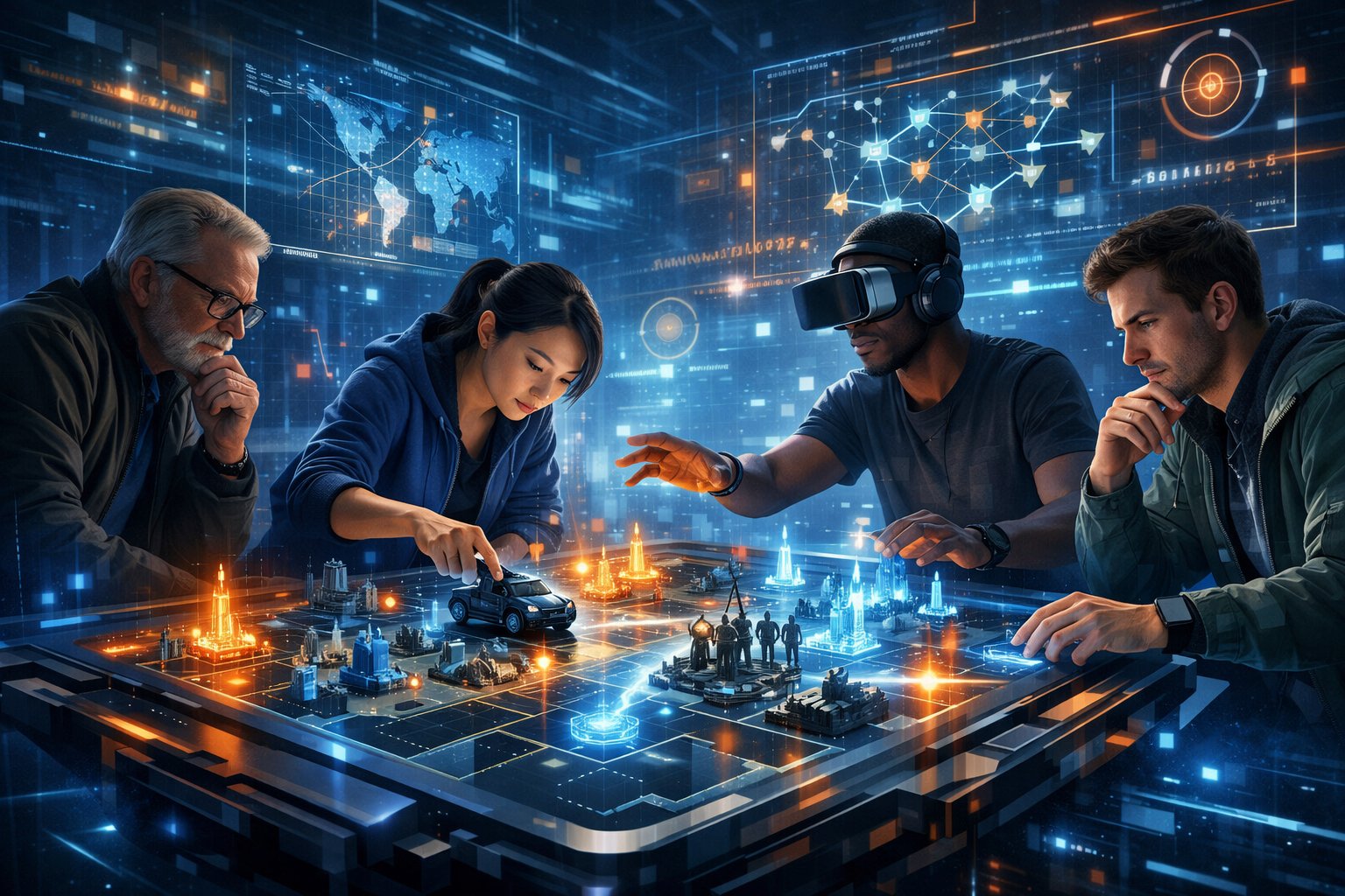 A group of diverse players concentrating on a futuristic digital strategy game with holographic interfaces and glowing game elements.